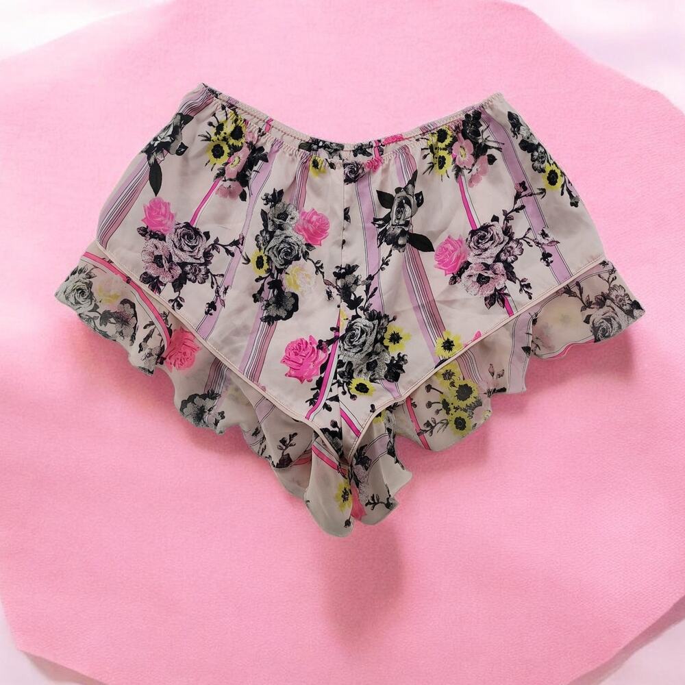 Victoria's Secret Medium Satin Floral Stripe Chiffon Ruffle Sleep Shorts